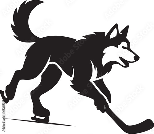 Energetic arctic canine mascot playing ice hockey with stick and skates, a dynamic illustration capturing the spirit of winter sports and competitive team play.