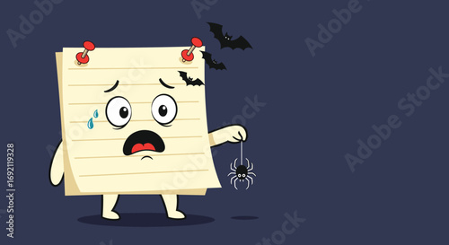 Scared sticky note character holding a creepy crawly spider in front of bats and a dark background