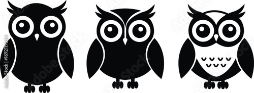Black owl flat icons set, creative vectors of bird silhouette. Simple cartoon nocturnal animal design, decorative graphic symbol artwork. Wildlife illustration sign isolated on transparent background.