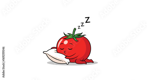 Cute cartoon tomato character peacefully sleeping on a pillow with z's above its head