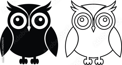 Black owl flat, line icon set, creative vectors of bird silhouette. Simple cartoon nocturnal animal design, decorative graphic symbol artwork. Wildlife illustration isolated on transparent background.