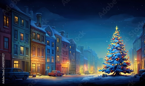 Xmas tree festive scene - silent night descends on a charming christmas small town village square