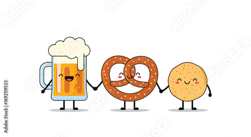 Joyful beer pretzel and bread ball friends holding hands celebrating together