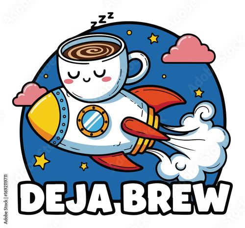 Cute coffee rocket with latte in space cartoon vector illustration for t shirt and textile print