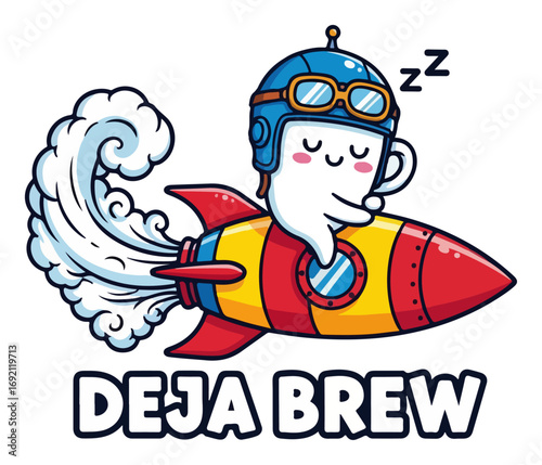 Deja brew coffee mug riding rocket cartoon vector illustration