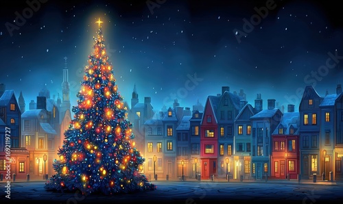 Xmas tree festive scene - silent night descends on a charming christmas small town village square