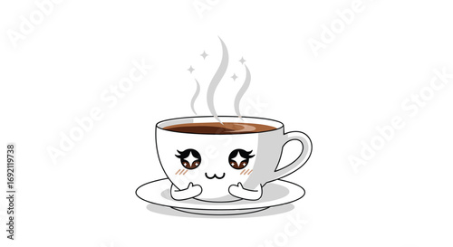 Kawaii coffee cup with steaming hot beverage and cute face design