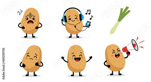 Cute anthropomorphic potatoes expressing different emotions with music and megaphone