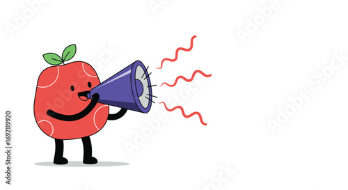 Cute cartoon raspberry character with a megaphone announcing something important and exciting loudly to everyone listening carefully