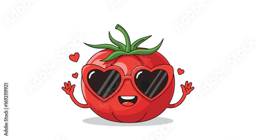 Adorable cartoon tomato character wearing heart shaped sunglasses spreading love