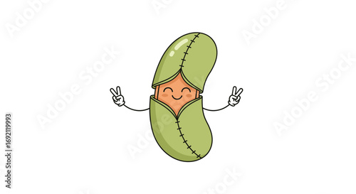 Cute cartoon green bean character waving both hands with peace signs