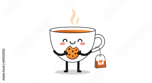 Adorable cute kawaii coffee mug with cookie and tea bag illustration art