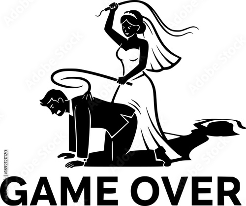 a black and white logo of a wedding couple , game over