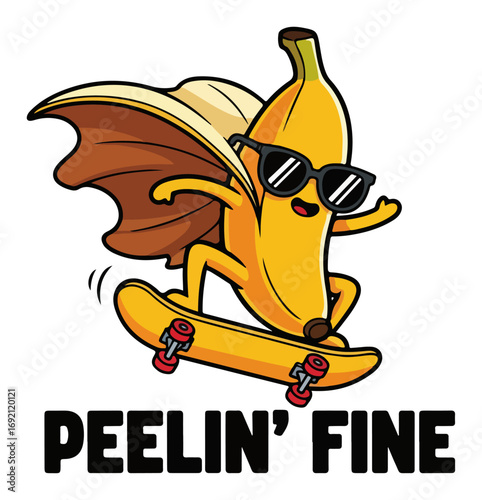 Funny banana skateboarder with peel cape peelin fine pun illustration