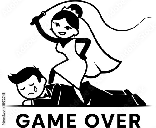 a black and white logo of a wedding couple , game over