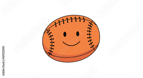 A cheerful cartoon orange ball with stitching and a happy face