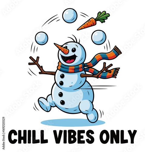 Colorful vector illustration of cute snowman juggling snowballs winter pun for t shirt and textile print