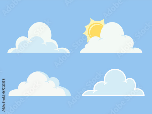A Collection of Fluffy Cartoon Clouds Isolated on a Bright Blue Background with a Sun