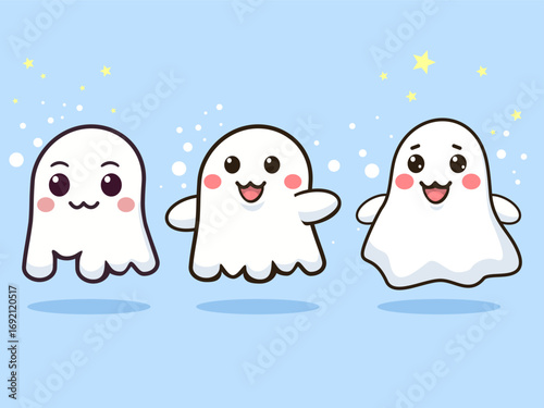 Set of Three Cute and Friendly Cartoon Ghosts Standing on a Light Blue Background with Stars