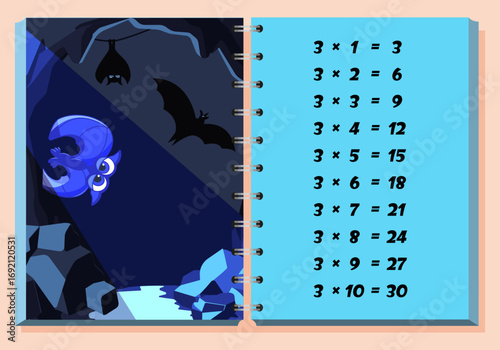 Colorful multiplication table of 3 for children. Funny number three designed as a bat sitting in a cave. Educational math workbook page for kids learning multiplication.