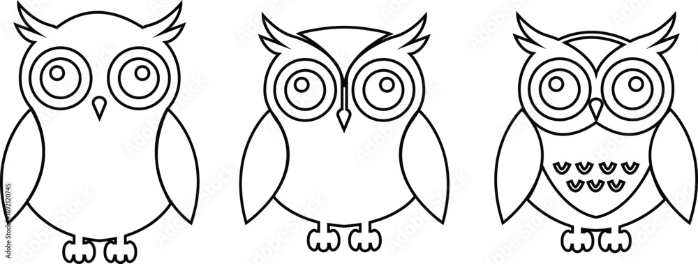 Fototapeta premium Black owl line icons set, creative vectors of bird silhouette. Simple cartoon nocturnal animal design, decorative graphic symbol artwork. Wildlife illustration sign isolated on transparent background.