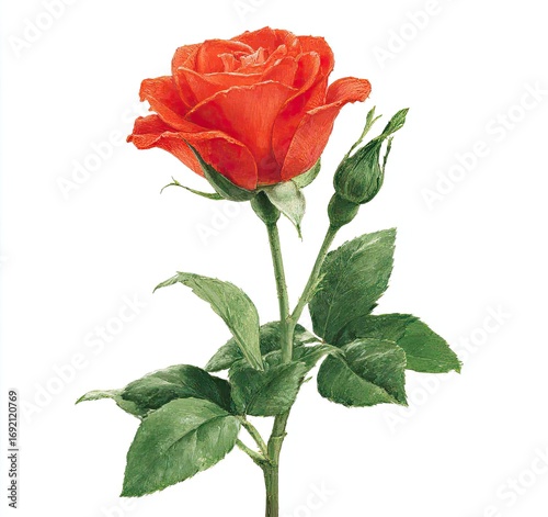 Vibrant orange rose with green leaves and bud against white background