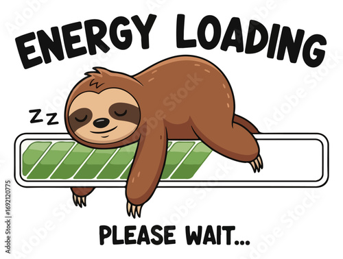 Funny sleeping sloth with energy loading bar vector illustration