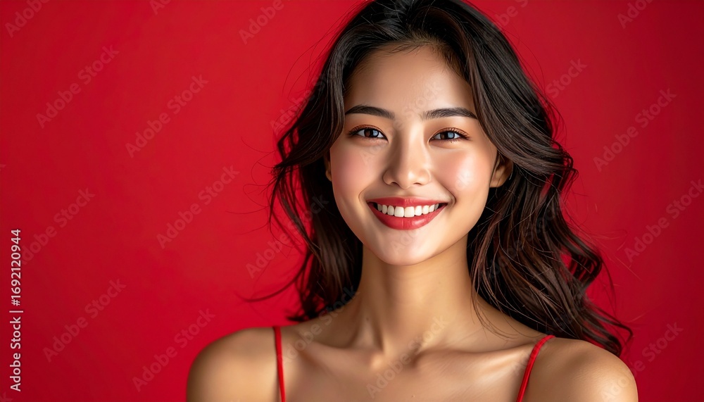 custom made wallpaper toronto digitalBeautiful young Asian woman with a radiant smile and flawless skin posing confidently against a vibrant red studio background
