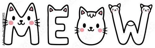 Cute meow typography with cat faces cartoon vector illustration for t shirt and textile print