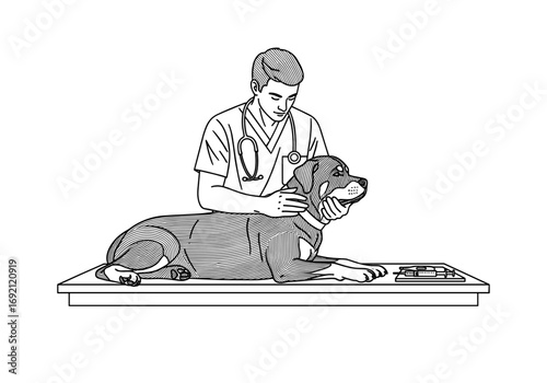 Veterinarian examining a Rottweiler dog on an examination table, caring approach, copy space