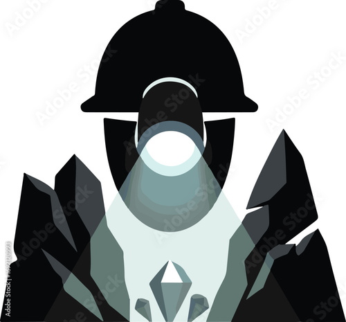 Miner with a headlamp illuminating a diamond within a pile of rocks, vector illustration