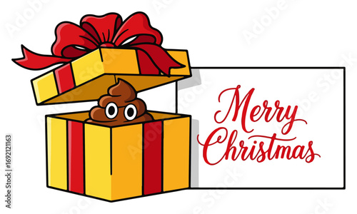 Colorful vector illustration of funny poop emoji in gift box with merry Christmas card for t shirt and textile print