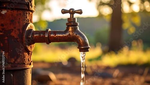 Rusty antique water faucet pouring water in a golden light