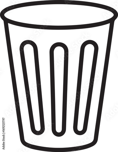 Simple outline drawing of an empty trash can with vertical slots on a white background