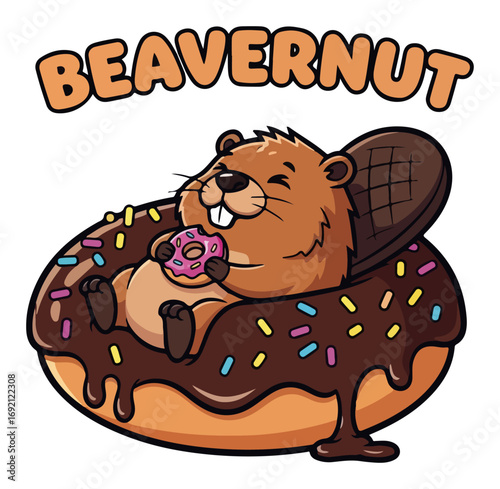 Funny beaver in a donut with chocolate and sprinkles cartoon vector dessert mascot design