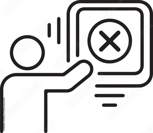 Person interacting with a computer screen displaying a red cross symbol indicating error or rejection