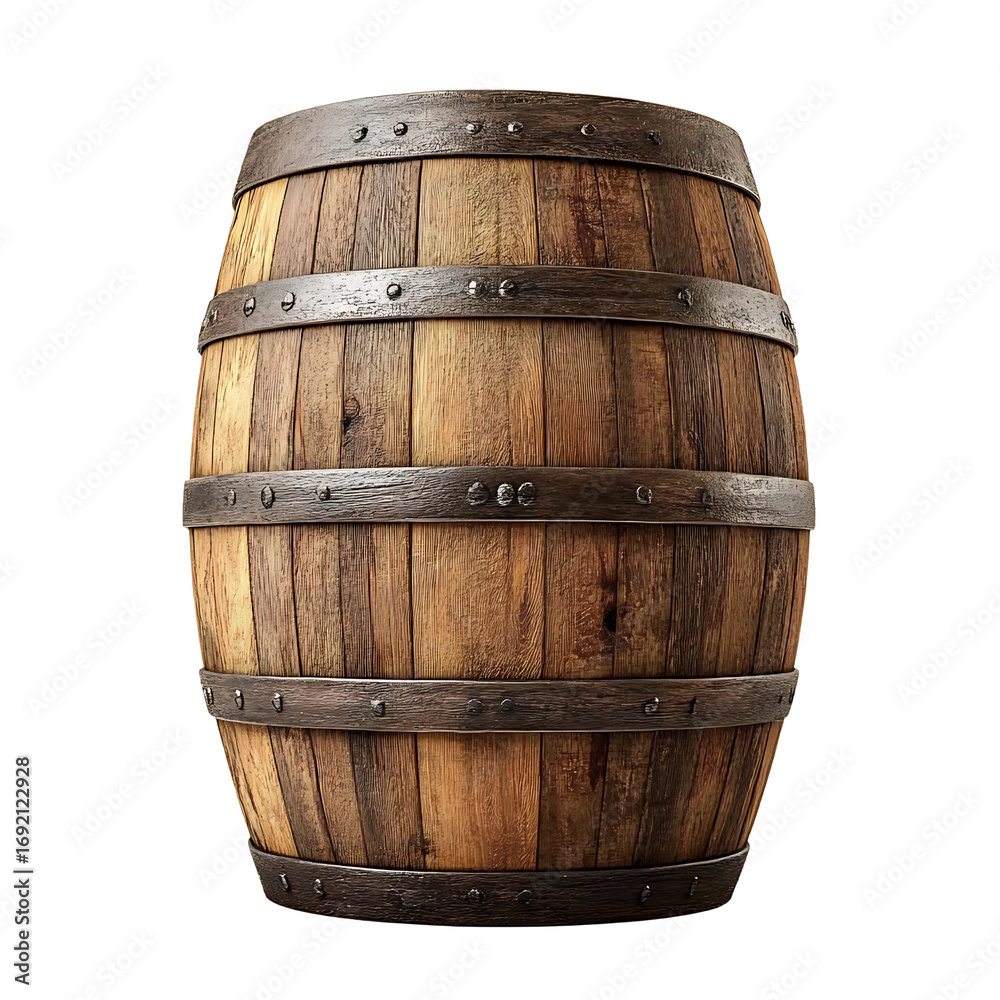 Fototapeta premium Rustic wooden barrel isolated on transparent background