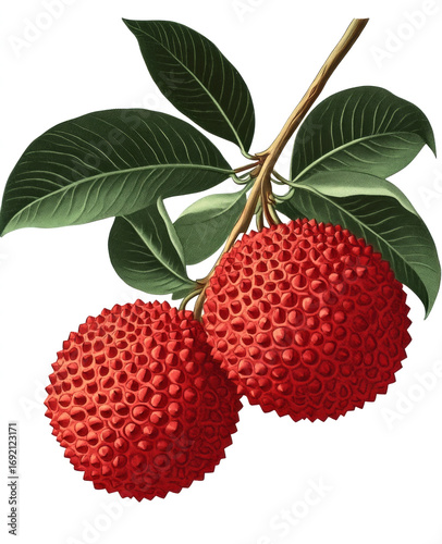two lychees lush green leaves that surround them isolated on a transparent background