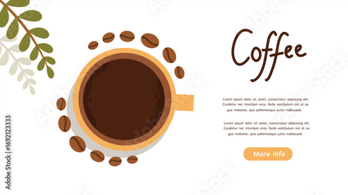 Coffee cup top view with beans and leaves decoration