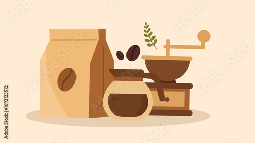 Coffee grinder with beans bag and brewing pot vector design