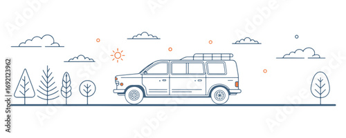 Minimalist line art travel van vector illustration with trees, clouds, and sun for outdoor adventure, camping, holiday road trip, tourism, nature journey, and vacation design