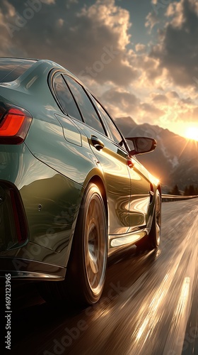 Sports car on scenic road at sunset, rear angle close-up