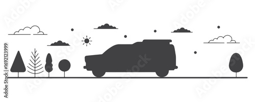 Silhouette travel van vector illustration with trees, clouds, and sun for outdoor adventure, camping, vacation road trip, tourism journey, and nature design