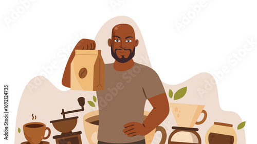 Man holding coffee bag with cups grinder beans illustration