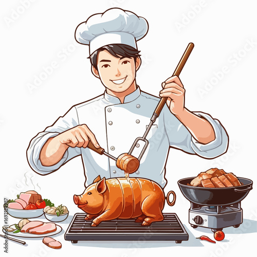 Illustration of a chef roasting suckling pig
