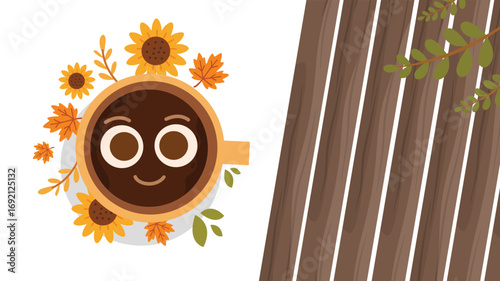 Coffee cup smile face with flowers on wooden table