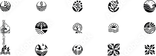 Black and white nature inspired graphic icons symbol