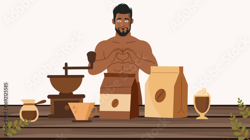 Barista man heart hands with coffee bags grinder table