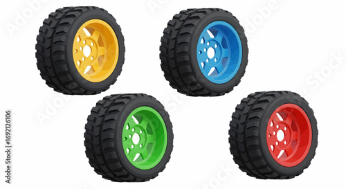 Four colorful toy car wheels with black tires and brightly colored rims in yellow, blue, green, and red.