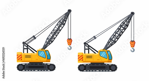 Two identical yellow construction cranes on tracks, side-by-side, with detailed components.